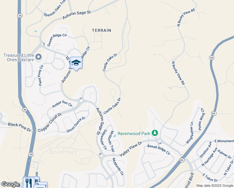 map of restaurants, bars, coffee shops, grocery stores, and more near 1725 Castle Oaks Drive in Castle Rock