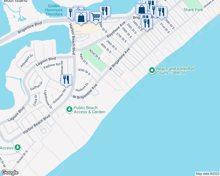 map of restaurants, bars, coffee shops, grocery stores, and more near 4401 Ocean Avenue in Brigantine