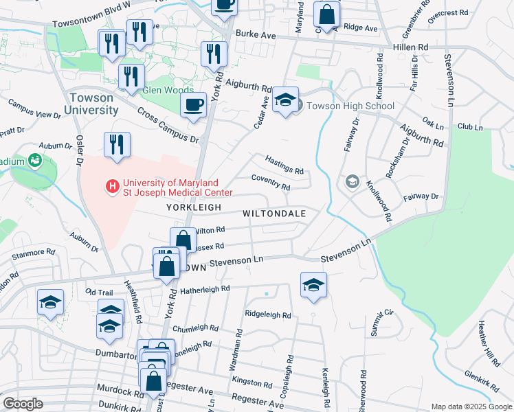 map of restaurants, bars, coffee shops, grocery stores, and more near 606 Yarmouth Road in Towson
