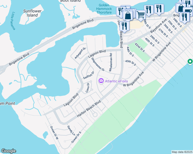map of restaurants, bars, coffee shops, grocery stores, and more near 32a Lighthouse Drive in Brigantine
