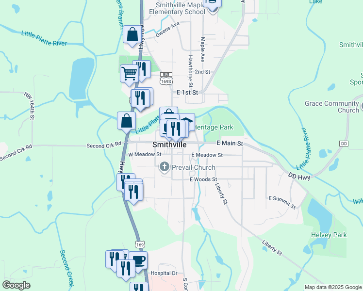 map of restaurants, bars, coffee shops, grocery stores, and more near 101 South Commercial Avenue in Smithville