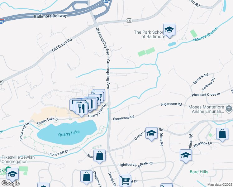 map of restaurants, bars, coffee shops, grocery stores, and more near 11 Mica Court in Baltimore
