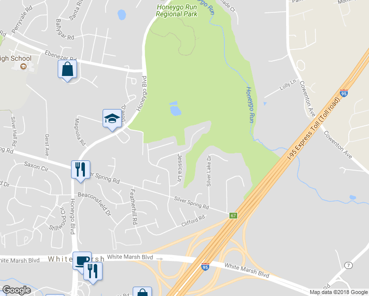 map of restaurants, bars, coffee shops, grocery stores, and more near 5100 Hilltop Acres Rd in Perry Hall