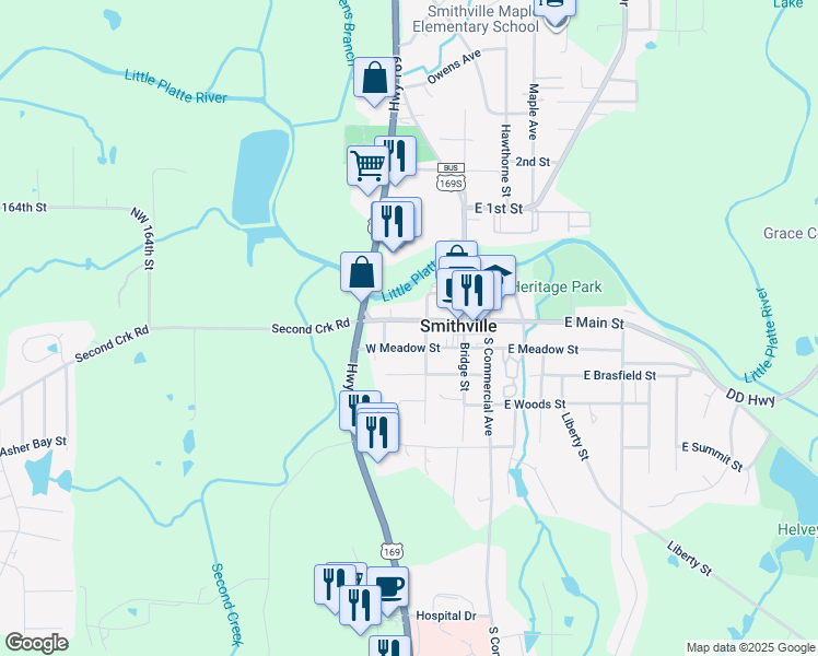 map of restaurants, bars, coffee shops, grocery stores, and more near 201 West Main Street in Smithville