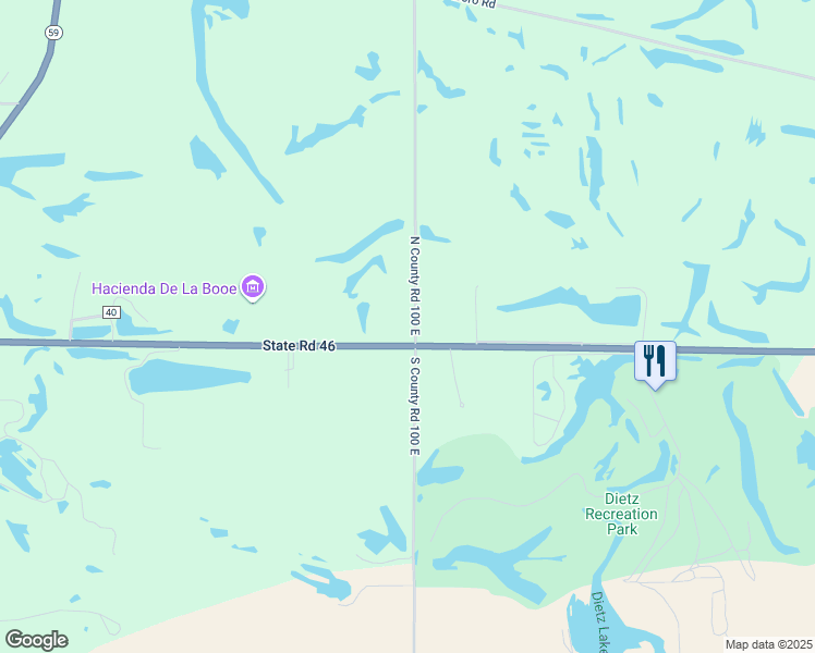 map of restaurants, bars, coffee shops, grocery stores, and more near 15 North County Road 100 East in Center Point