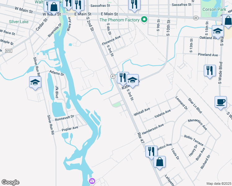 map of restaurants, bars, coffee shops, grocery stores, and more near 6 Garfield Street in Millville