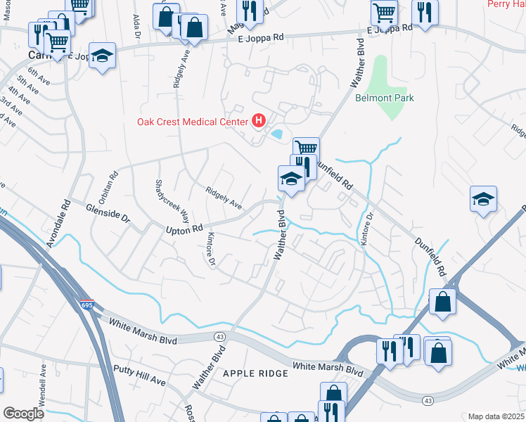 map of restaurants, bars, coffee shops, grocery stores, and more near 39 Bayberry Road in Parkville