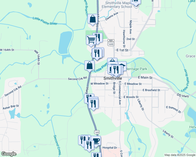 map of restaurants, bars, coffee shops, grocery stores, and more near 211 West Main Street in Smithville