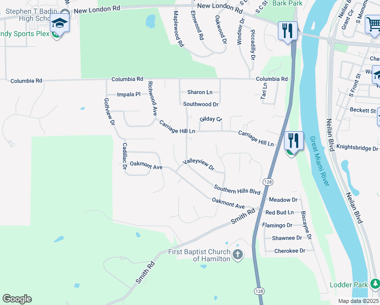 map of restaurants, bars, coffee shops, grocery stores, and more near 1174 Southern Hills Boulevard in Hamilton