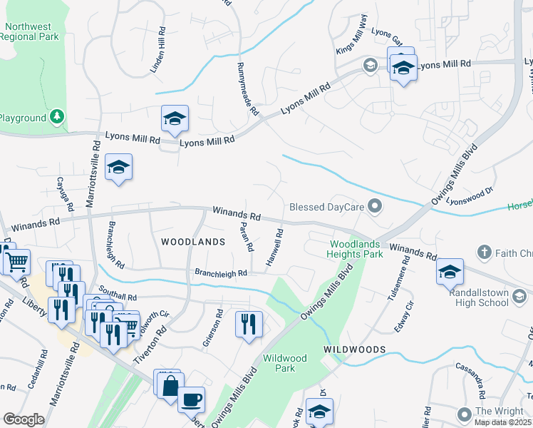 map of restaurants, bars, coffee shops, grocery stores, and more near 9622 Winands Road in Randallstown
