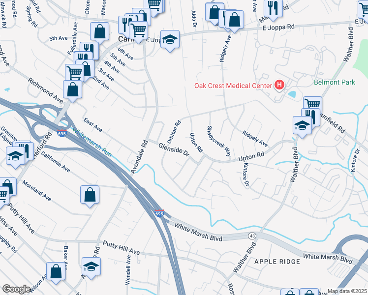 map of restaurants, bars, coffee shops, grocery stores, and more near 3410 Glenside Drive in Parkville