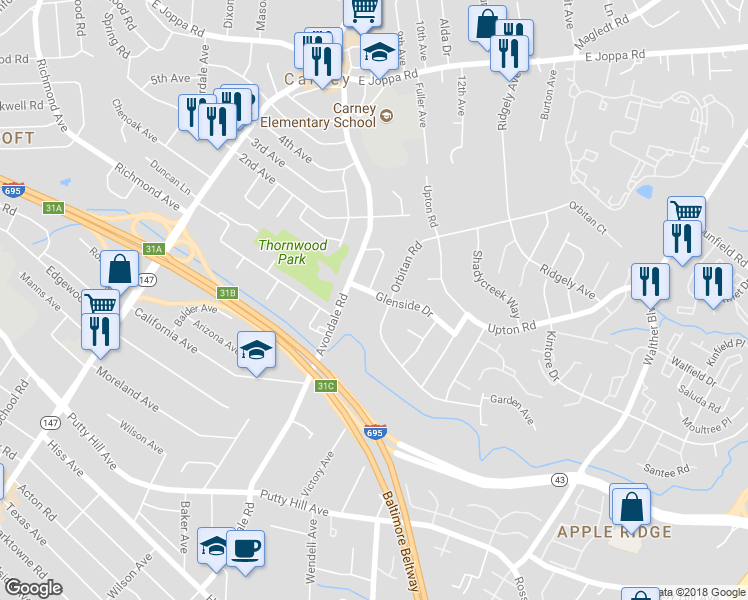 map of restaurants, bars, coffee shops, grocery stores, and more near 3313 Glenside Drive in Parkville
