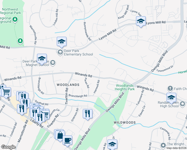 map of restaurants, bars, coffee shops, grocery stores, and more near 9622 Winands Road in Randallstown