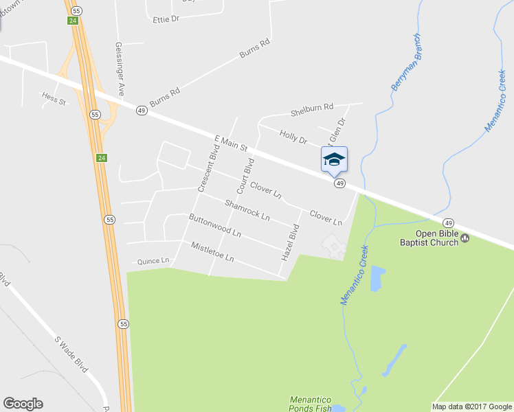 map of restaurants, bars, coffee shops, grocery stores, and more near 2412 Shamrock Lane in Millville