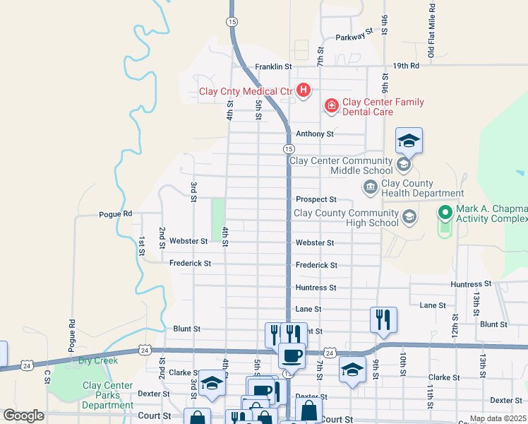 map of restaurants, bars, coffee shops, grocery stores, and more near 1715 5th Street in Clay Center