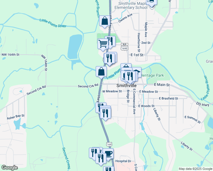map of restaurants, bars, coffee shops, grocery stores, and more near 301 West Main Street in Smithville