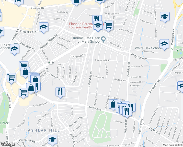 map of restaurants, bars, coffee shops, grocery stores, and more near 8129 Hillendale Rd in Parkville