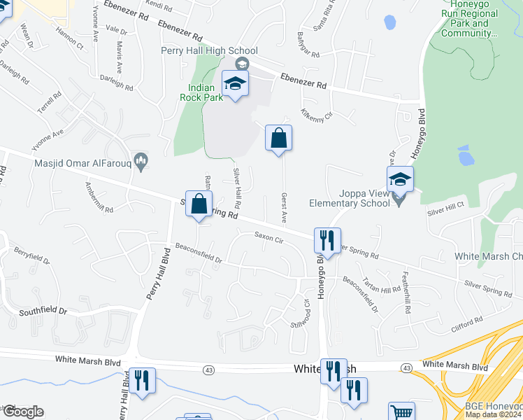 map of restaurants, bars, coffee shops, grocery stores, and more near 8704 Weitz Manor Lane in Perry Hall