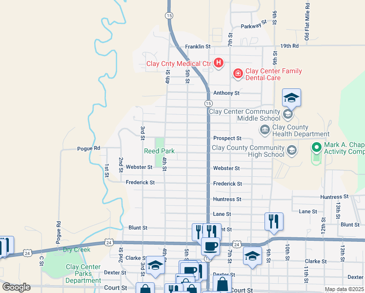map of restaurants, bars, coffee shops, grocery stores, and more near 1715 5th Street in Clay Center