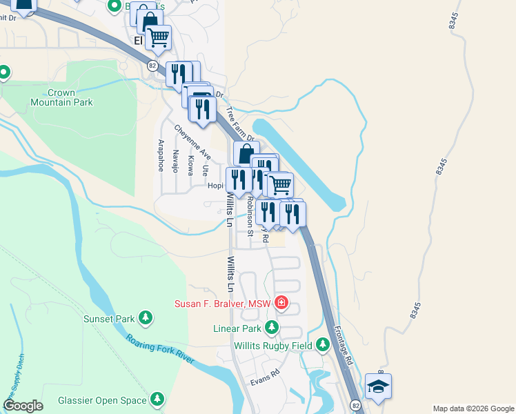 map of restaurants, bars, coffee shops, grocery stores, and more near 340 Reed Street in Basalt