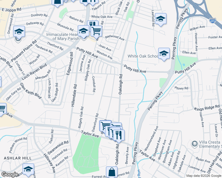 map of restaurants, bars, coffee shops, grocery stores, and more near 8210 Bon Air Road in Parkville