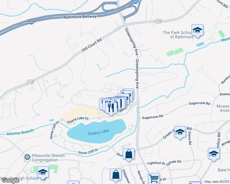 map of restaurants, bars, coffee shops, grocery stores, and more near 7501 Travertine Drive in Baltimore
