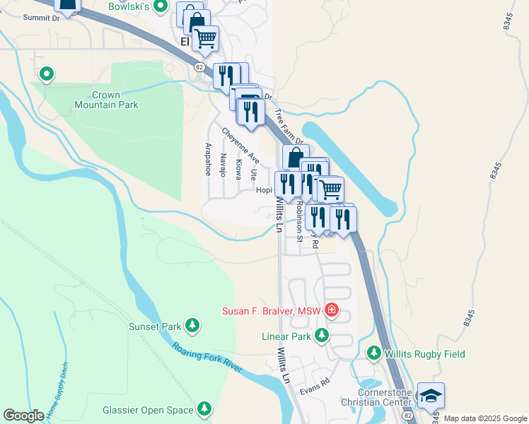 map of restaurants, bars, coffee shops, grocery stores, and more near 273 Willits Lane in Basalt