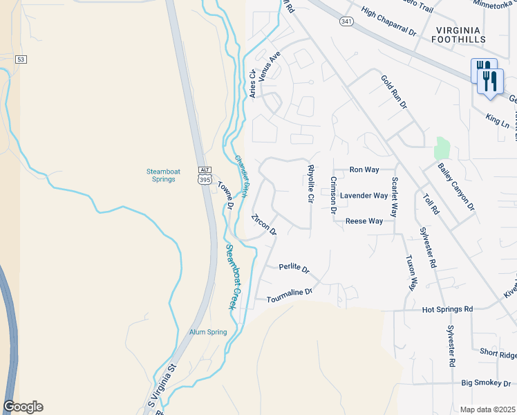 map of restaurants, bars, coffee shops, grocery stores, and more near 225 Zircon Drive in Reno