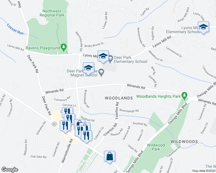 map of restaurants, bars, coffee shops, grocery stores, and more near 9817 Winands Rd in Randallstown