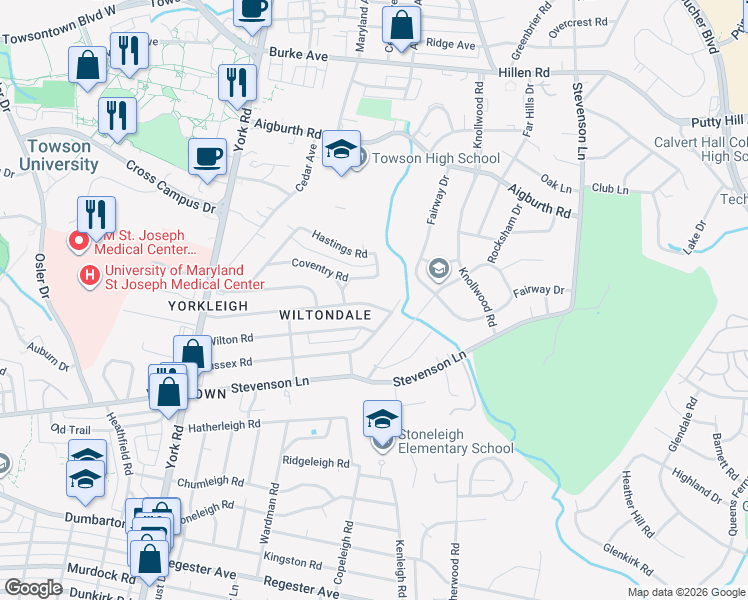 map of restaurants, bars, coffee shops, grocery stores, and more near 634 Yarmouth Road in Towson