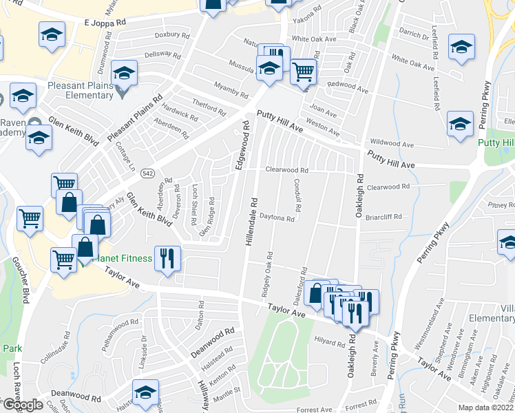 map of restaurants, bars, coffee shops, grocery stores, and more near 8127 Hillendale Road in Parkville