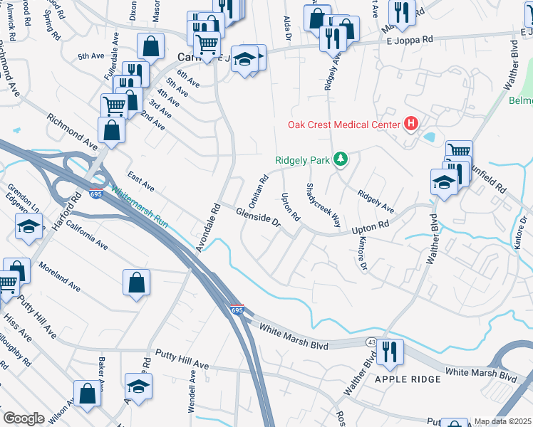map of restaurants, bars, coffee shops, grocery stores, and more near 3406 Glenside Drive in Parkville