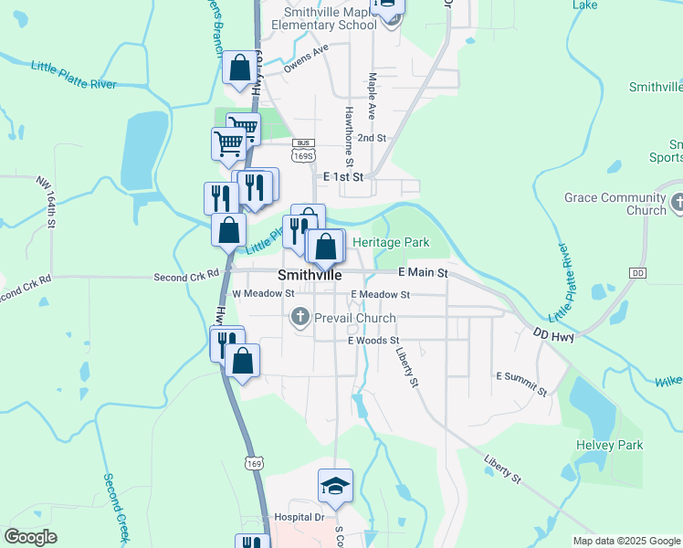 map of restaurants, bars, coffee shops, grocery stores, and more near 101 S Commercial Ave in Smithville