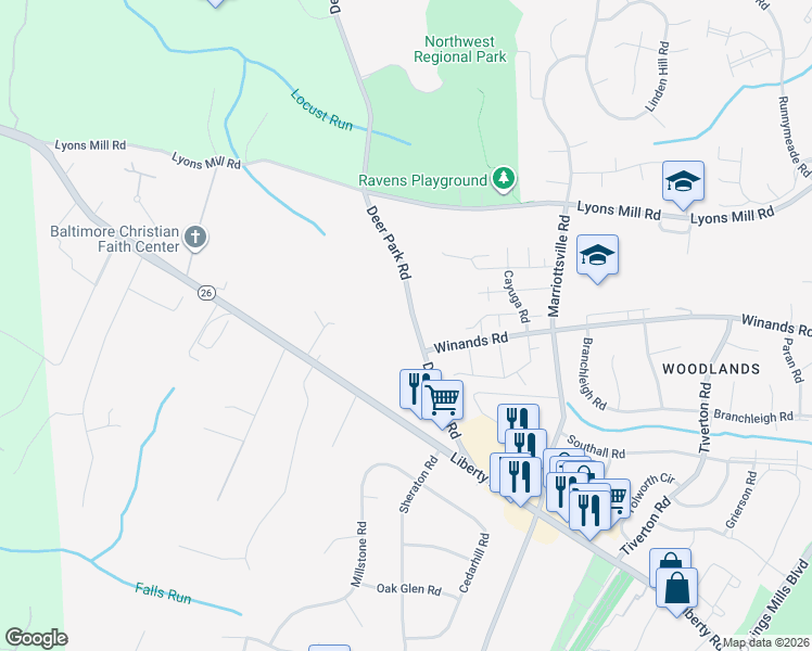 map of restaurants, bars, coffee shops, grocery stores, and more near 4204 Deer Park Road in Randallstown