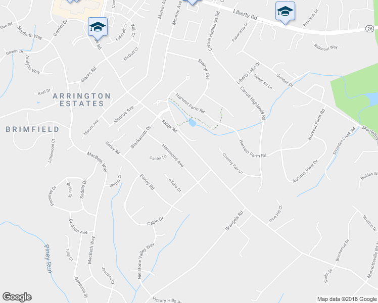 map of restaurants, bars, coffee shops, grocery stores, and more near 6800 Ridge Road in Marriottsville