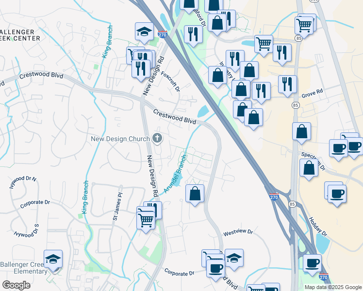 map of restaurants, bars, coffee shops, grocery stores, and more near 7143 Ladd Circle in Frederick