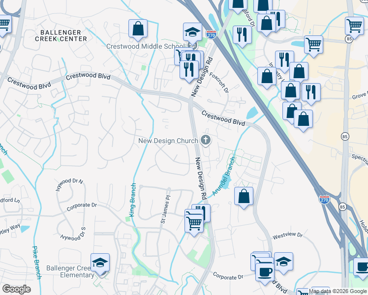 map of restaurants, bars, coffee shops, grocery stores, and more near 7043 Basswood Road in Frederick