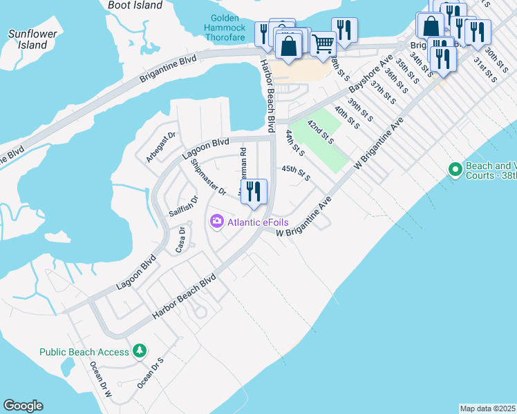 map of restaurants, bars, coffee shops, grocery stores, and more near 4 Shipmaster Drive in Brigantine