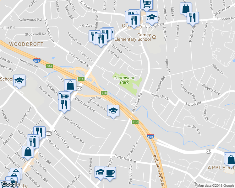 map of restaurants, bars, coffee shops, grocery stores, and more near 9131 Sperl Avenue in Parkville