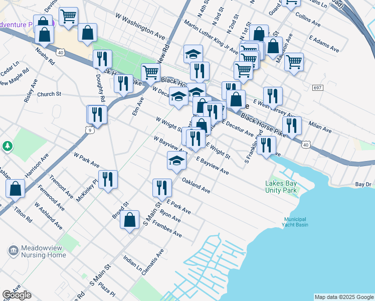 map of restaurants, bars, coffee shops, grocery stores, and more near 6 West Bayview Avenue in Pleasantville