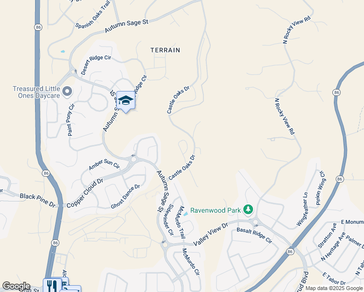 map of restaurants, bars, coffee shops, grocery stores, and more near 1725 Castle Oaks Drive in Castle Rock