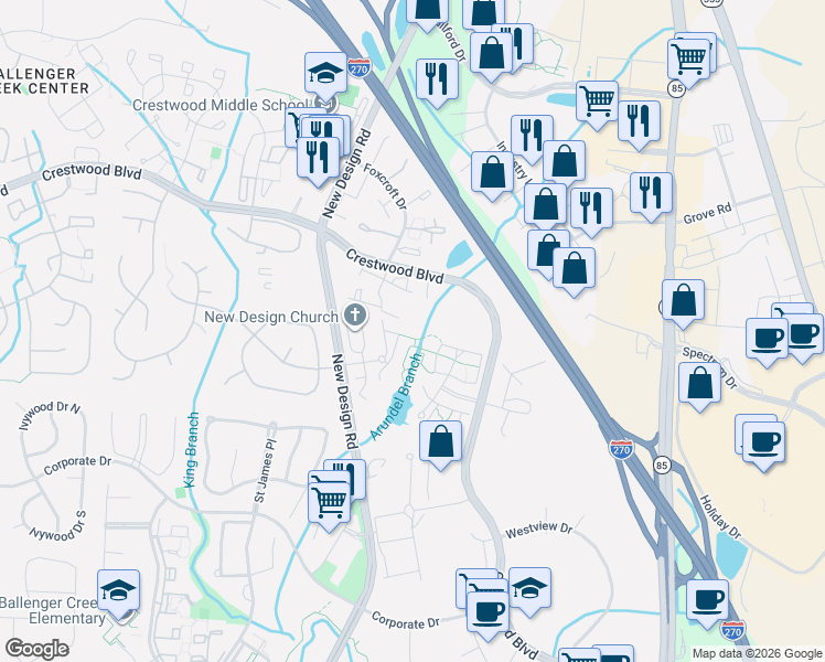 map of restaurants, bars, coffee shops, grocery stores, and more near 7141 Ladd Circle in Frederick
