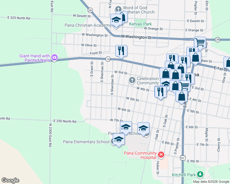map of restaurants, bars, coffee shops, grocery stores, and more near 308 South Sheridan Street in Pana