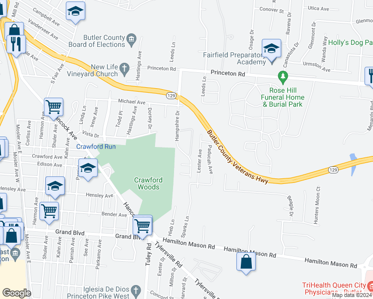 map of restaurants, bars, coffee shops, grocery stores, and more near 354 Hampshire Drive in Hamilton