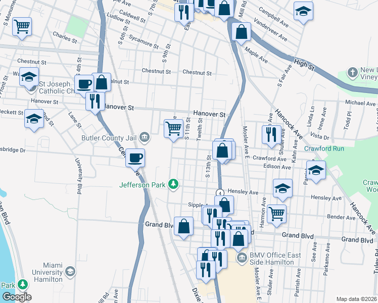 map of restaurants, bars, coffee shops, grocery stores, and more near 1103 Hamilton Ave in Hamilton