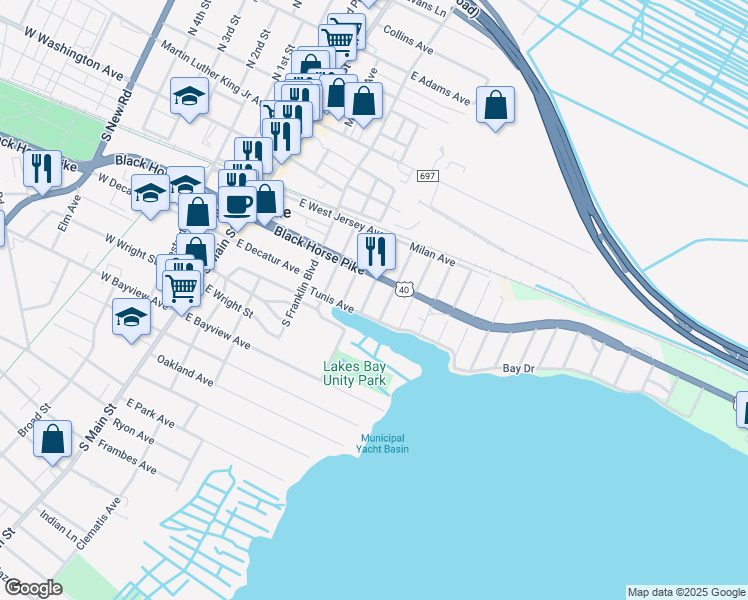 map of restaurants, bars, coffee shops, grocery stores, and more near 204 Lyons Court in Pleasantville