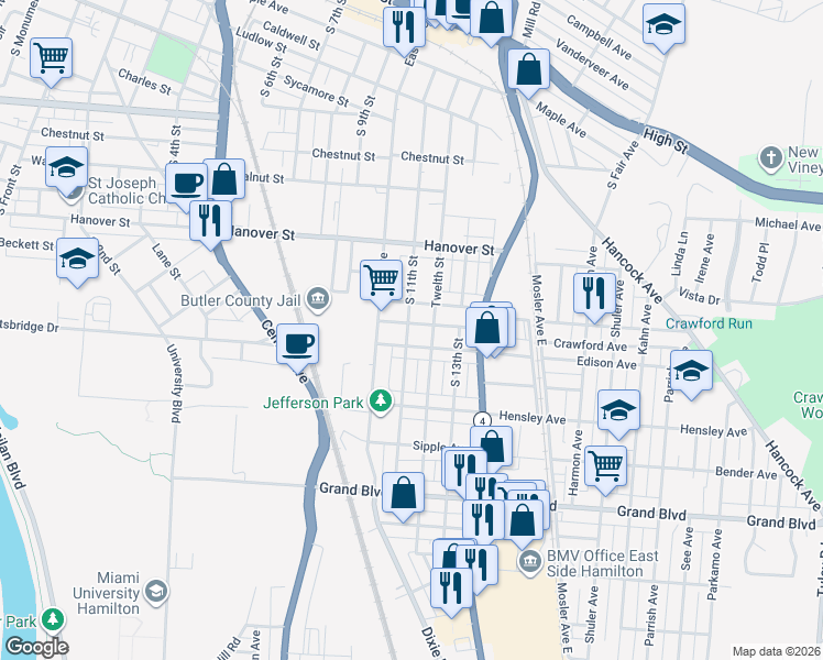 map of restaurants, bars, coffee shops, grocery stores, and more near 1103 Hamilton Avenue in Hamilton