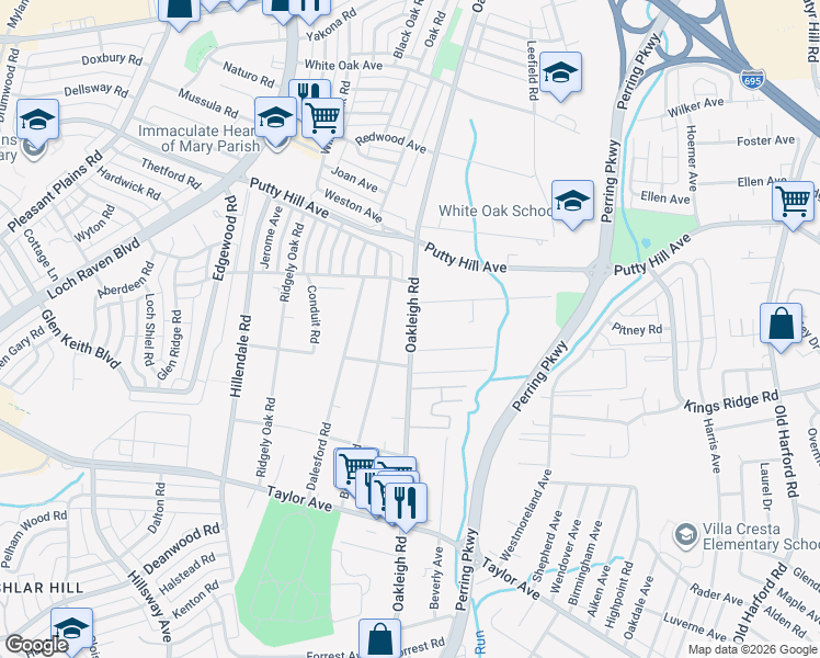 map of restaurants, bars, coffee shops, grocery stores, and more near 8214 Oakleigh Road in Parkville