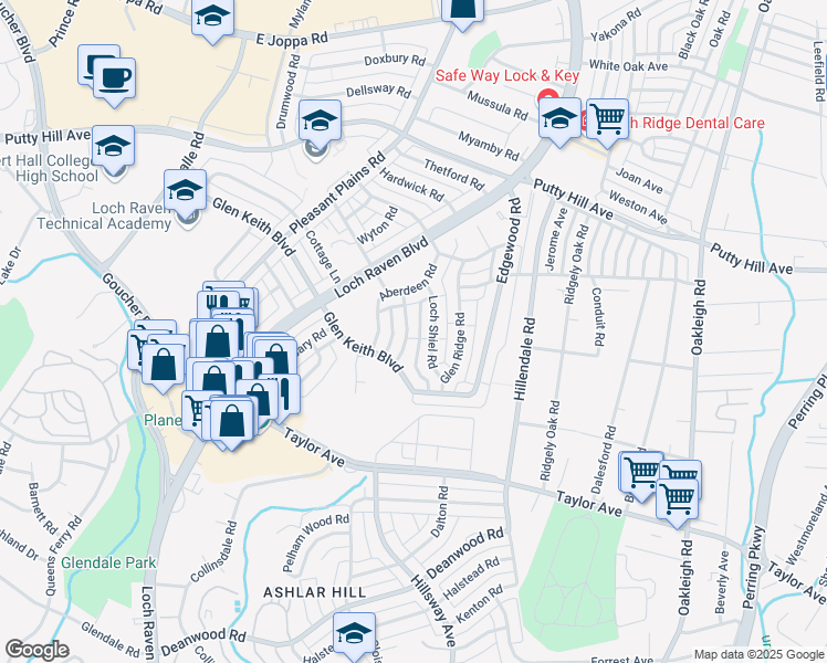 map of restaurants, bars, coffee shops, grocery stores, and more near 1820 Deveron Road in Parkville