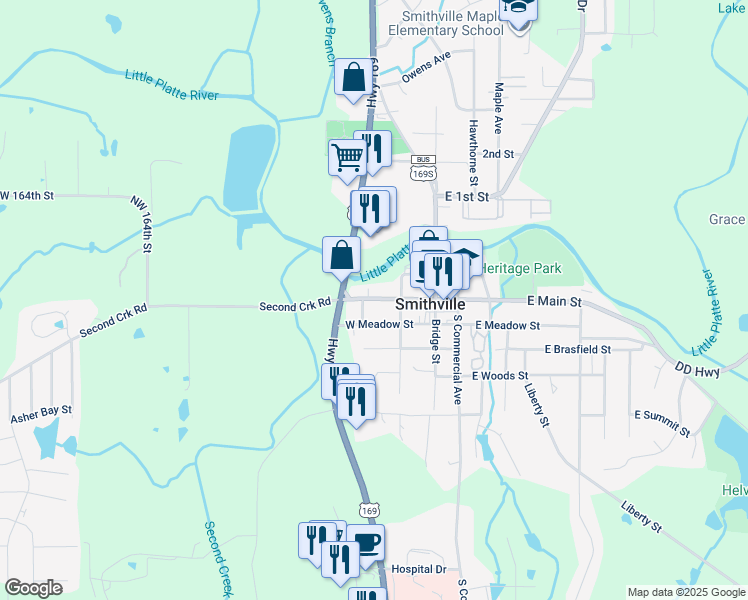 map of restaurants, bars, coffee shops, grocery stores, and more near 301 West Main Street in Smithville
